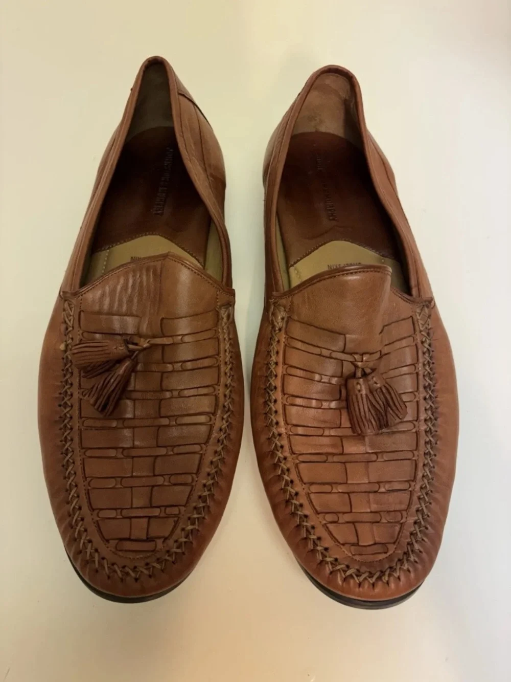 Johnston & Murphy Men’s Sheepskin Loafers Brown Leather Woven Tassel Dress Sz 13